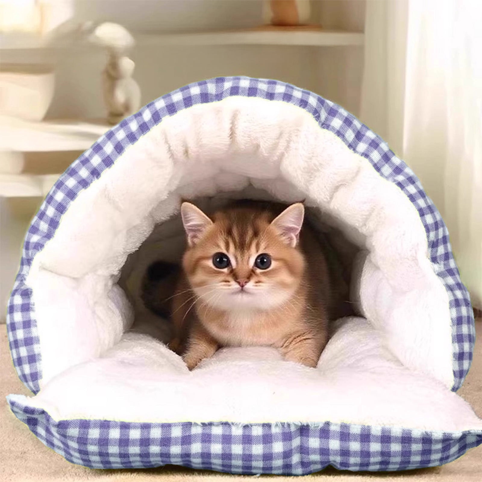 Nebwoak Winter Warm Small Pet Bed for Cats & Dogs Under 9 lbs - Removable Washable Semi-Enclosed Dual-Purpose Soft Fabric Scratch-Resistant Cozy Pet Nest, 18.9*11.8*7.87in