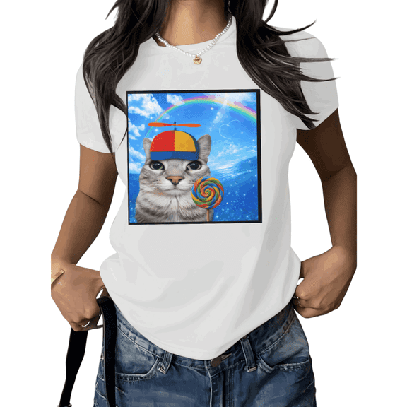Cute Cat Shirt Print Tshirt Graphic Tees Shirts White Women Aesthetic Rainbow Cat Candy Cute Design Casual Summer Soft Cotton Tee Size S-5XL Tops