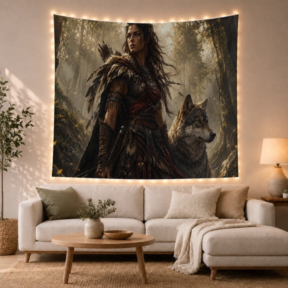 Tribal Woman Warrior and Wolf in Forest, Mystical Fantasy Art for Nature Lovers, Wildlife Wall Art, Housewarming Gift, Tapestry Wall Hanging for Living Room and Bedroom