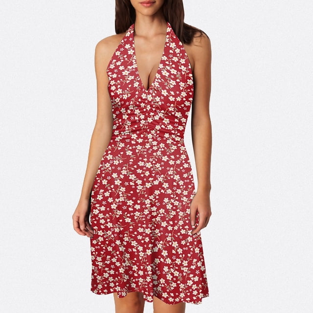 WILLBEST Vestidos Casuales para Mujer, sin Mangas, Cuello En V, Primavera, Bohemio, Floral, con Bolsillo, Cintura Elástica, Volantes, Mini Vestidos Grande