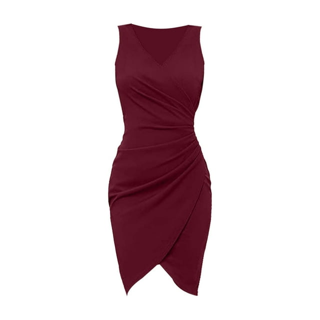 Vestido sexy de fiesta sin mangas con cuello en V, plisado y color liso para mujer