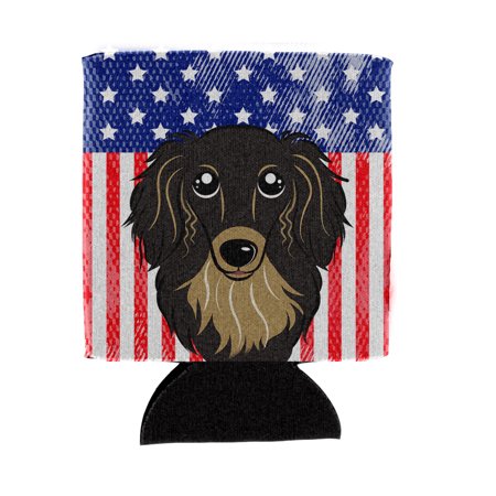 

Carolines Treasures BB2143CC American Flag and Longhair Black and Tan Dachshund Can or Bottle Hugger Can Hugger