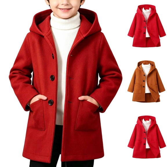 MexChoioe Big Kids Button Up Hooded Outerwear Wool Blend Mid Length Coat Fall Winter Fashion Everyday Cold Weather Coat for Boys and Girls