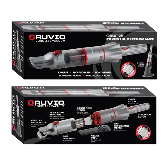 Ruvio Cordless Vacuum Silver 4 Piece High Suction Rechargeable Bagless Handheld Vacuum Cleaner Double HEPA Cleaning Care