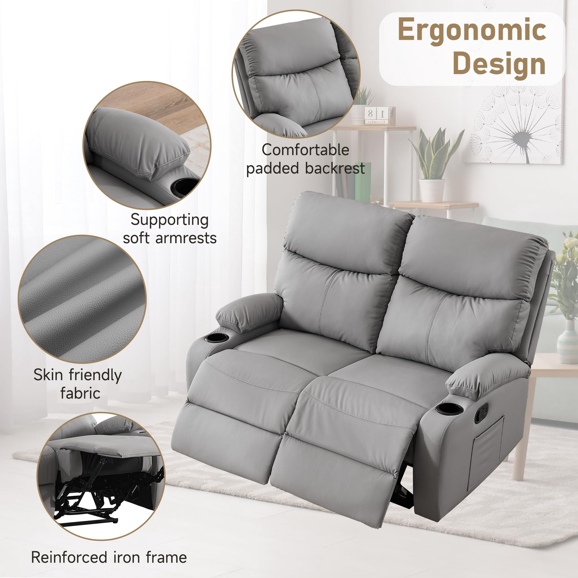 2-Seater Faux Leather Double Recliner Couch with Storage Pockets for Couples Movie Nights Light Grey Reclining Loveseat Sofa Cozy Living Rooms