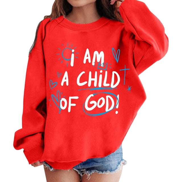 Chandail en Molleton Graphique pour Fille Col Rond Manches Longues Mignon Épaule Tombante Chandail Tops Filles Chandails à Capuchon & Chandails en Molleton Rouge 140/6 Y-7 Ans