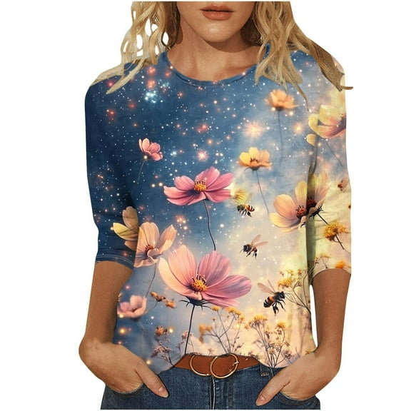 CYMMPU Tunic Tops 3/4 Sleeve Crew Neck Loose Fit Summer Fashion Shirts Blouses for Women Dressy Casual Bee Pattern Spring Tops Lightweight Basic T-Shirts Multicolor M