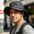 thumbnail image 2 of Bpyeka Men's Vintage Tactical Wide Brim Boonie Hat, Foldable Adjustable Chin Strap Outdoor Hiking Fishing Sun Bucket Hat Free Size, Dark Gray, 2 of 5