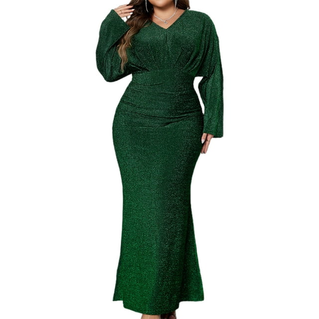 FOCUSNORM Robe de Soirée pour Femmes Grande Taille Pailletée à Manches Longues à Col en V Ajustée Longue Robe Formelle Robes de Bal