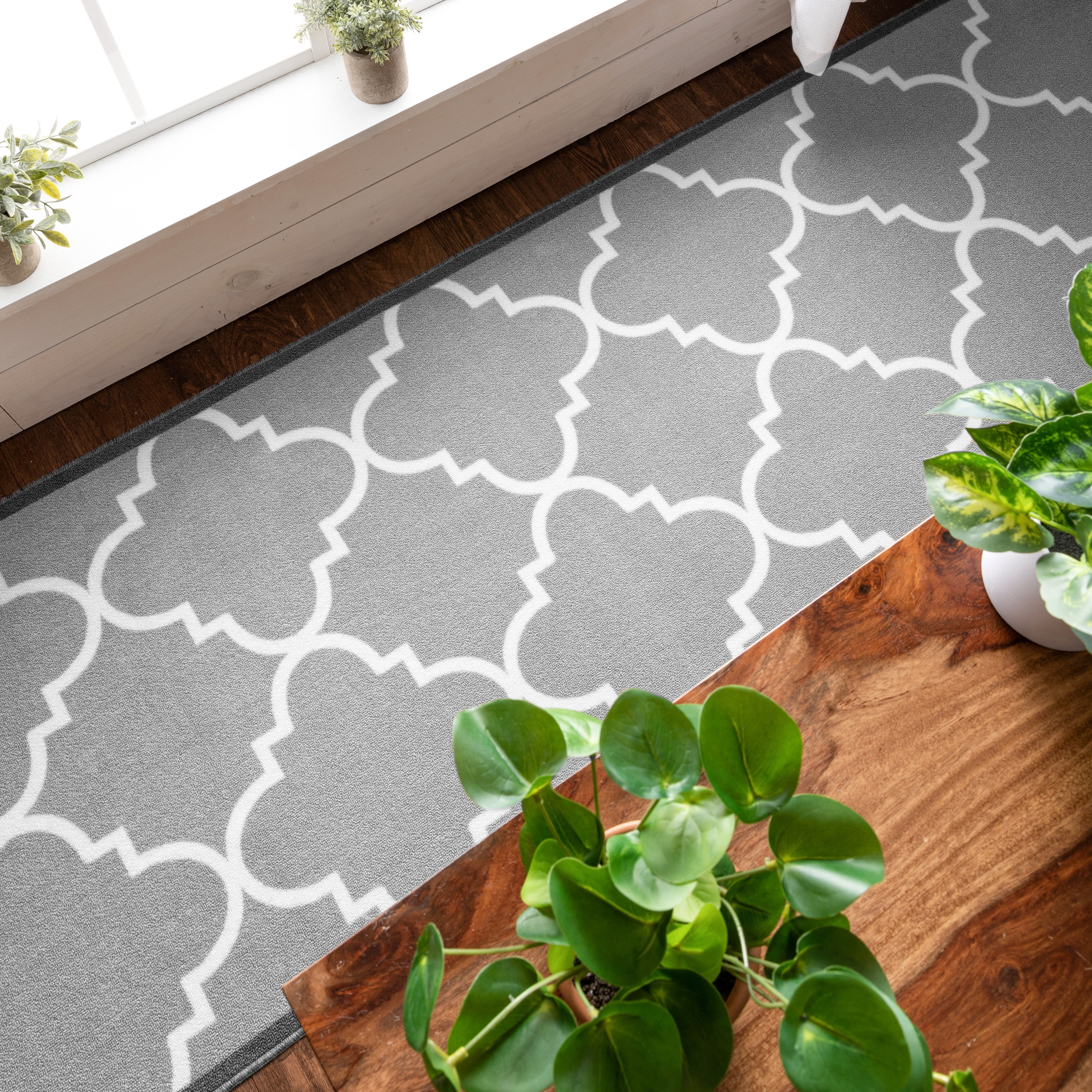 Well Woven 2' x 7' Runner Non-Slip Moroccan Trellis Low Grey Rug