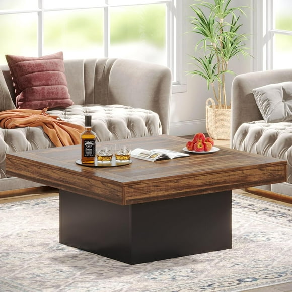 Tribesigns Farmhouse Coffee Table Square LED Coffee Table Wood Coffee Table for Living Room