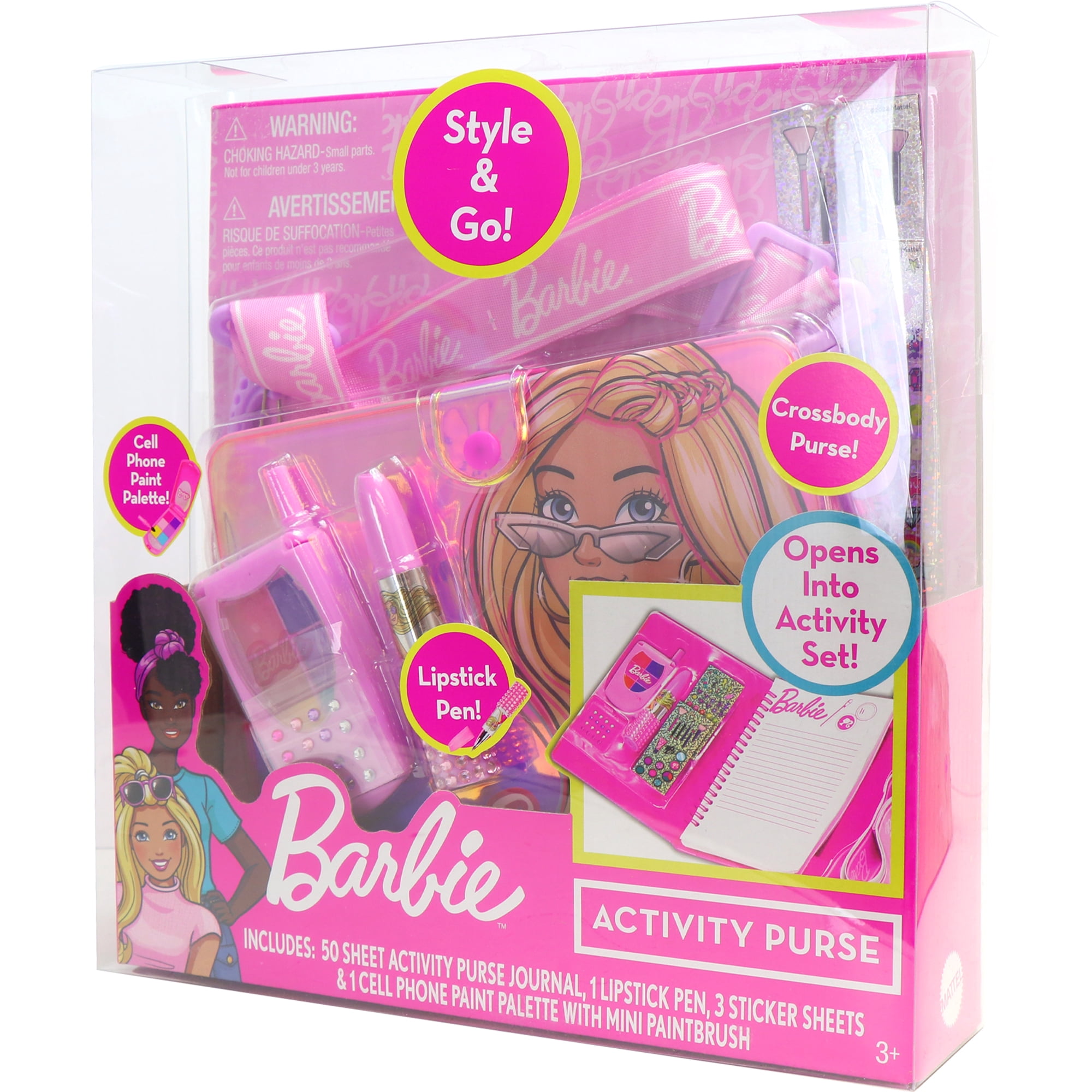 Tara Toy: Barbie Activity Purse - Style & Go Crossbody Purse, Opens Into Activity Journal Set, Lipstick Shaped Pen, Stickers, Paint, Kids Ages 3+