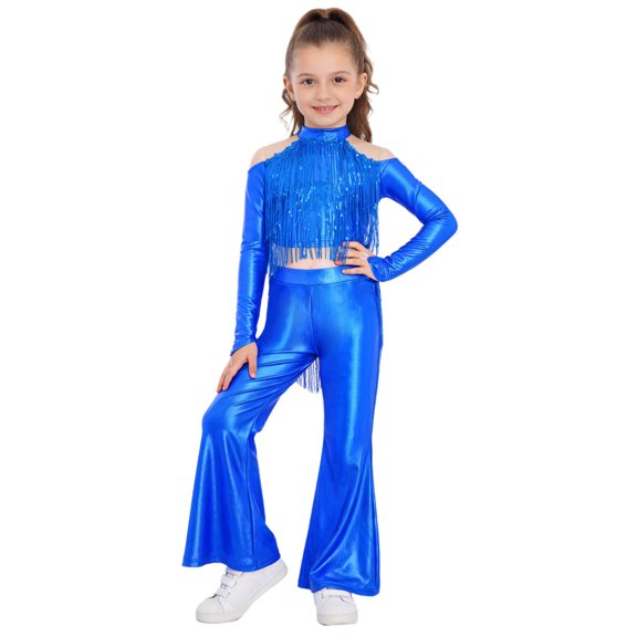 TSSOE Girls 2-piece Jazz Dance Outfit Shiny Sequin Tassels Latin Hip Hop Dancewear Long Sleeve Crop Top With Flared Pants Royal Blue 14