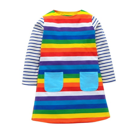 

Alueeu 2022 Toddler Kids Baby Girls Warm Striped Rainbow Print Pockets Cute Princess Dress Baby CloThes Multicolor 110