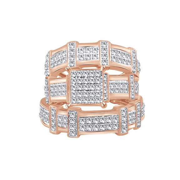 AFFY White Natural Diamond Wedding Trio Band Ring Set In 10k Rose Gold (0.56 Cttw)
