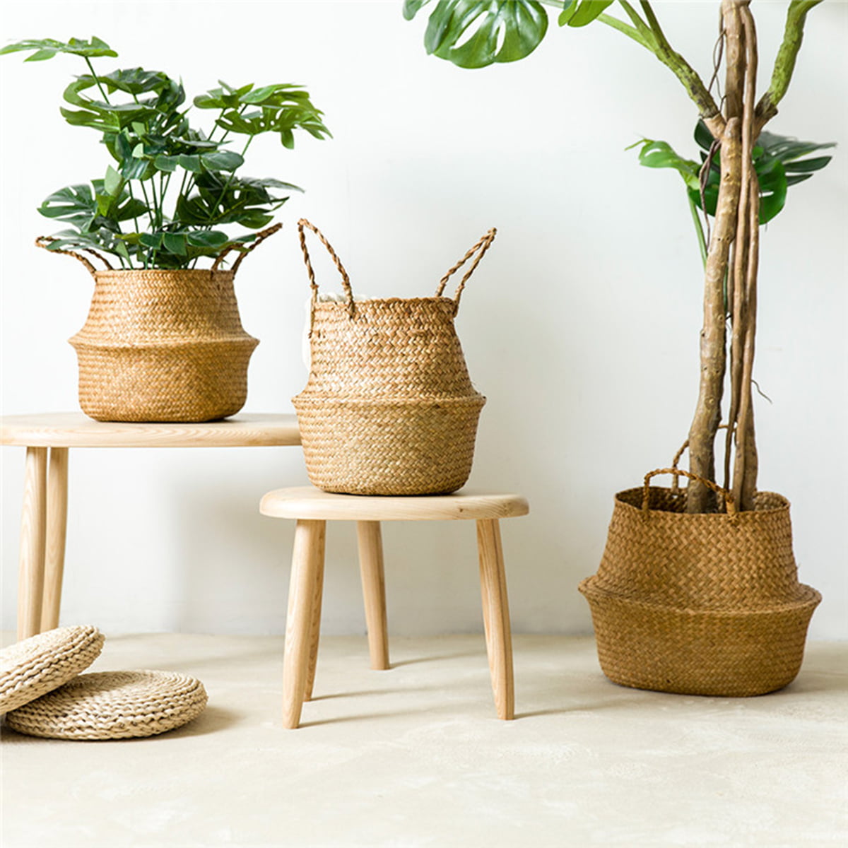 Natural Seagrass Flower Basket Foldable Belly Storage Holder Plant Pot Bag Decor 