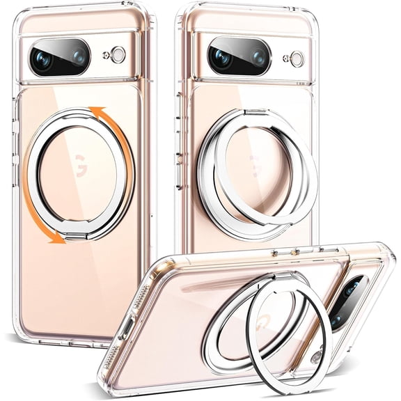 for Google Pixel 8 Case with 360° Rotatable Magnetic Ring Stand [Compatible with Mag-Safe][Military-Grade Protection] Shockproof Pixel 8 Phone Case 6.2" for Women Men, Clear