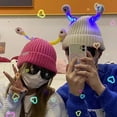 thumbnail image 3 of Cute Knitted Beanie Hat with Eyes Wear Resistant Solid Color LED Glowing Funny Cartoon Winter Warm Hat-Rose Red, 3 of 7