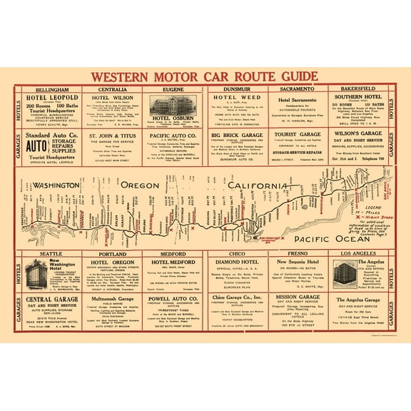 Historic State Map - Western Motor Car Route Guide - 1915 - 23 x 34.20 - Vintage Wall Art