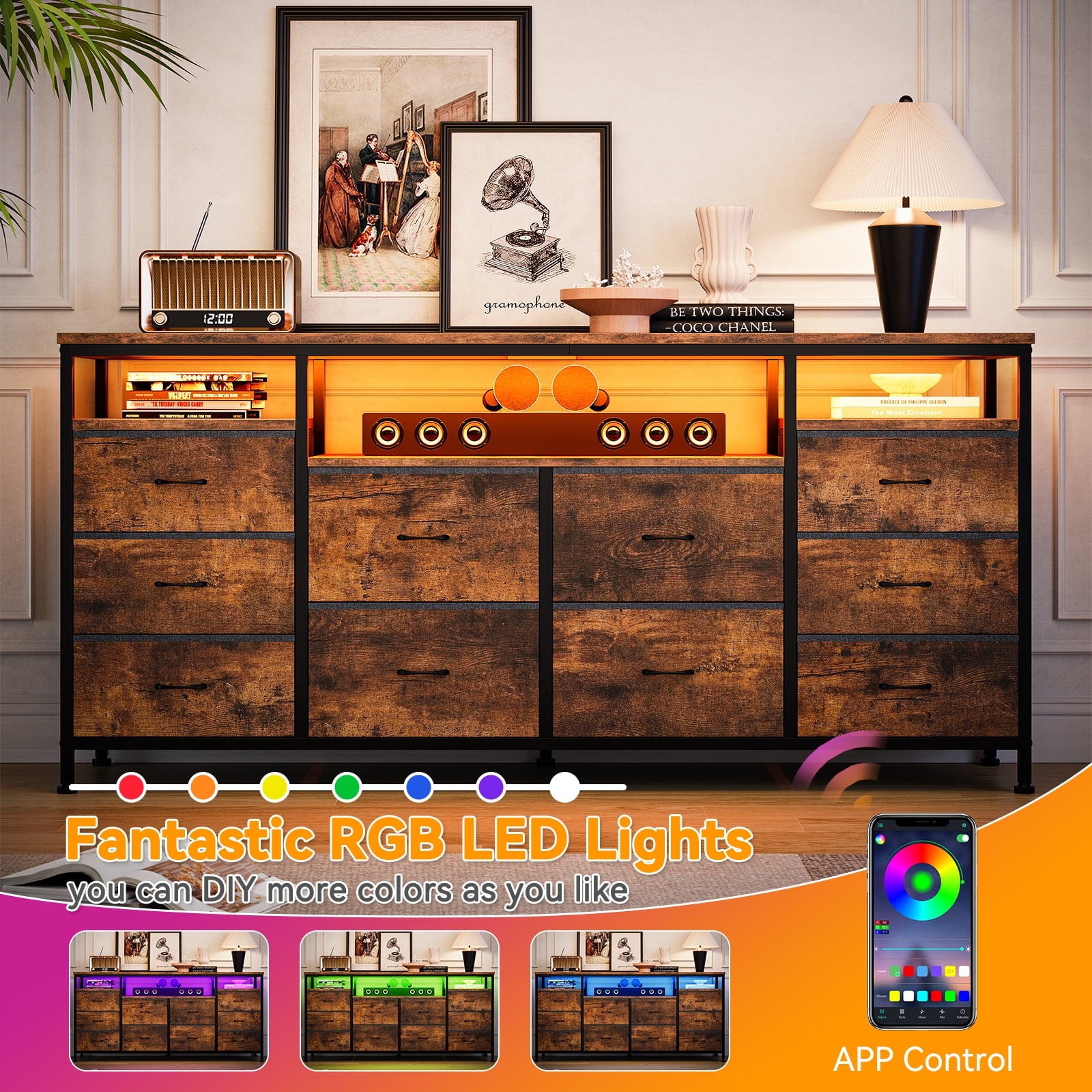 Towallmark 10 Drawer Dresser TV Stand for 65/70/75 Inch TV, 63" W Long Fabric Dresser Entertainment Center with LED Lights & Power Outlets for Bedroom with Led Lights & Power Outlets
