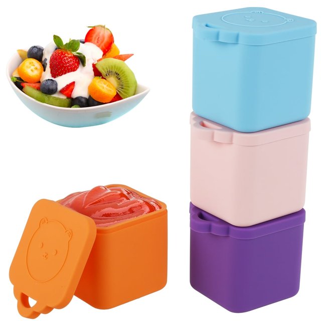 MesaSe 4Pcs Salad Dressing Container Leakproof Sauce Container with Lid 4oz Food Grade Silicone Salad Dressing Cup Reusable Portable Dipping Sauce Cups for Food Box Office School Travel