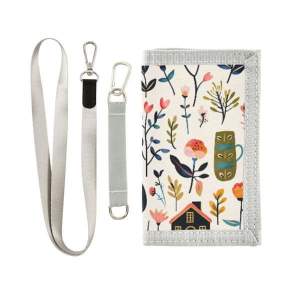 JIALIOU Nylon Trifold Card Wallet with ID Window Zipper Pocket for Men Women Teen Flower House Leaves