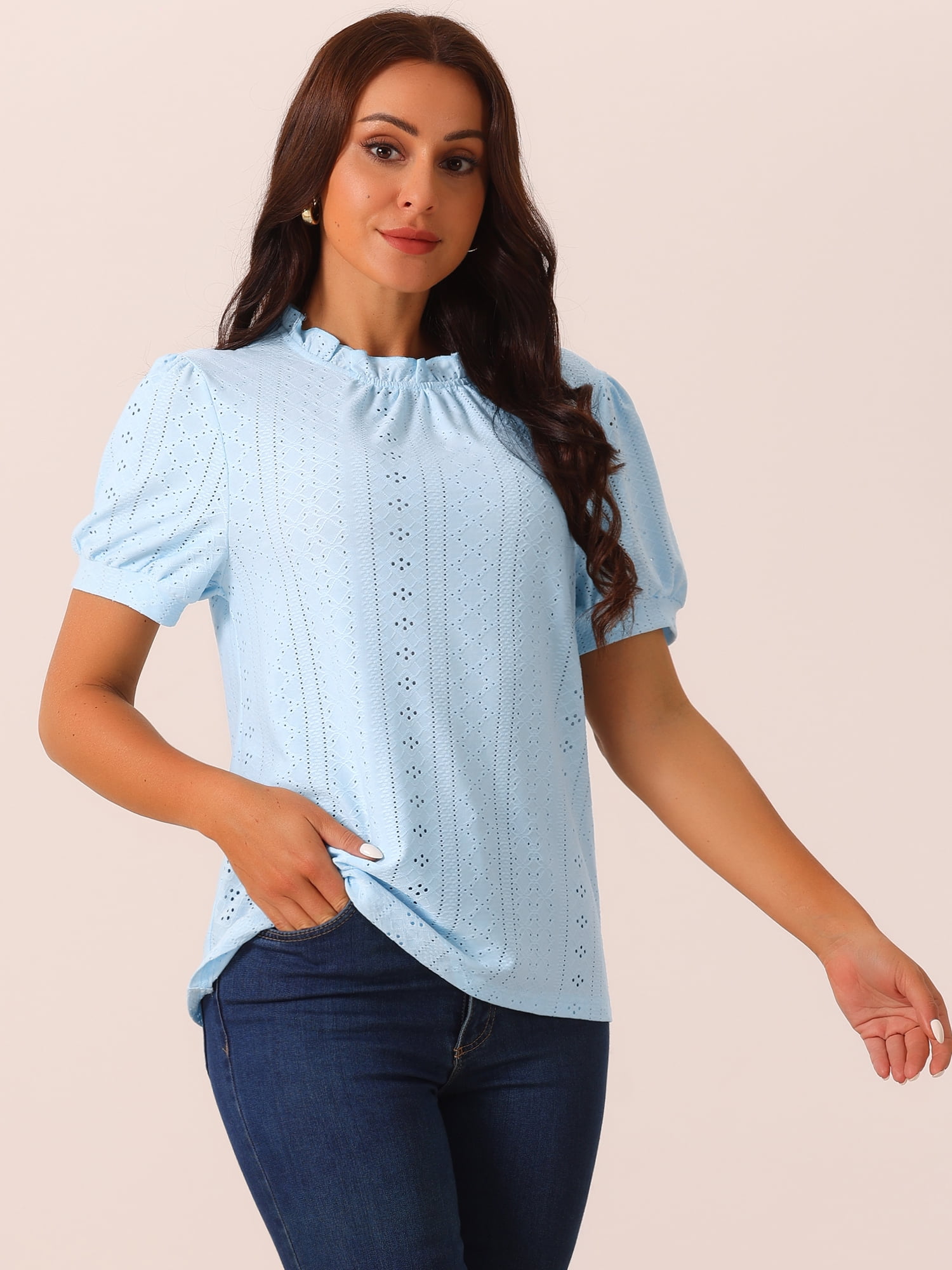 DARING DIVA Women's Puff Sleeve Eyelet Tops Back Button Down Blouses L Light Blue