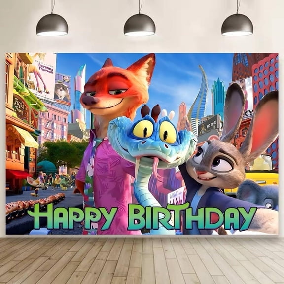 Happy Birthday Zootopia Theme Backdrops Banner Birthday Party Decor Supplies,5.9x3.6ft