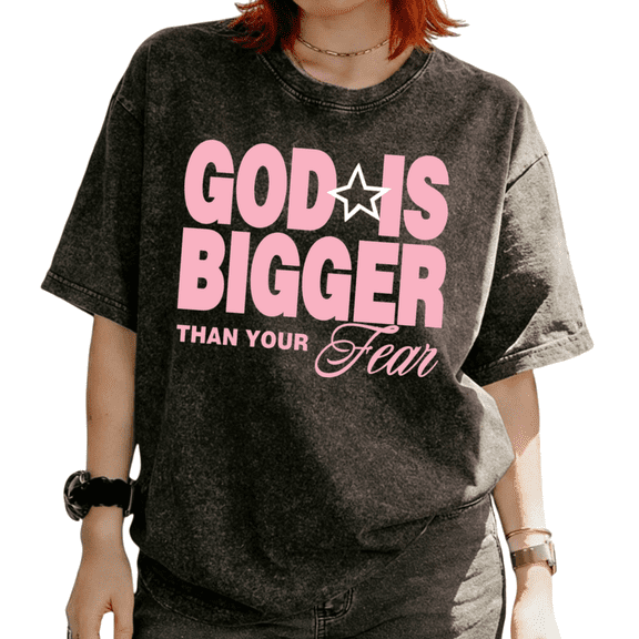Cozymy Women's "God Is Bigger Than Your Fear" Pink Star Graphic Washed Short Sleeve T-Shirt Crew Neck Breathable Tops