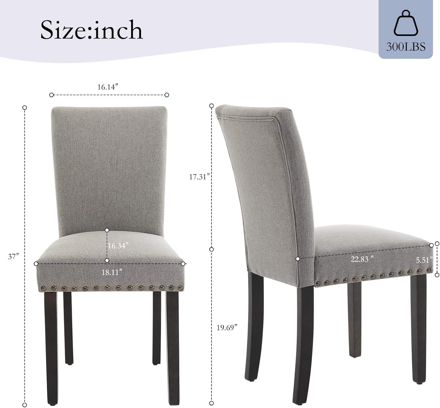Dining Chair Sets of 2 Upholstered High Back Dining Chair Armless Kitchen Chair Sets Fabric Diner Room Chair with Nailhead Trim/Wood Legs and Padded Cushion Modern Banquet Chairs, Grey