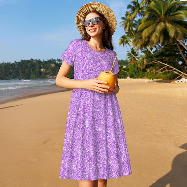 Japuie Lilac Glittering Print Women's Casual Dress with Pockets,Women's Short sleeve Dress,A-Line Dresses,Summer Dresses for Women,Sundresses Beach Swing Dresses -Large