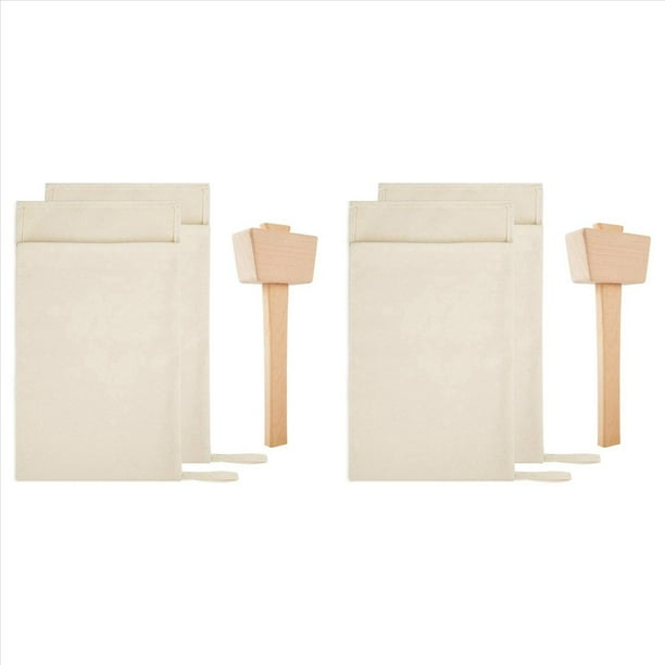 Paquete de 4 Bolsas y 2 Pieza de Mazo de Hielo, Bolsas de Hielo Trituradas de Lona Reutilizables con Mazo de Madera para Barra Fiesta Hogar