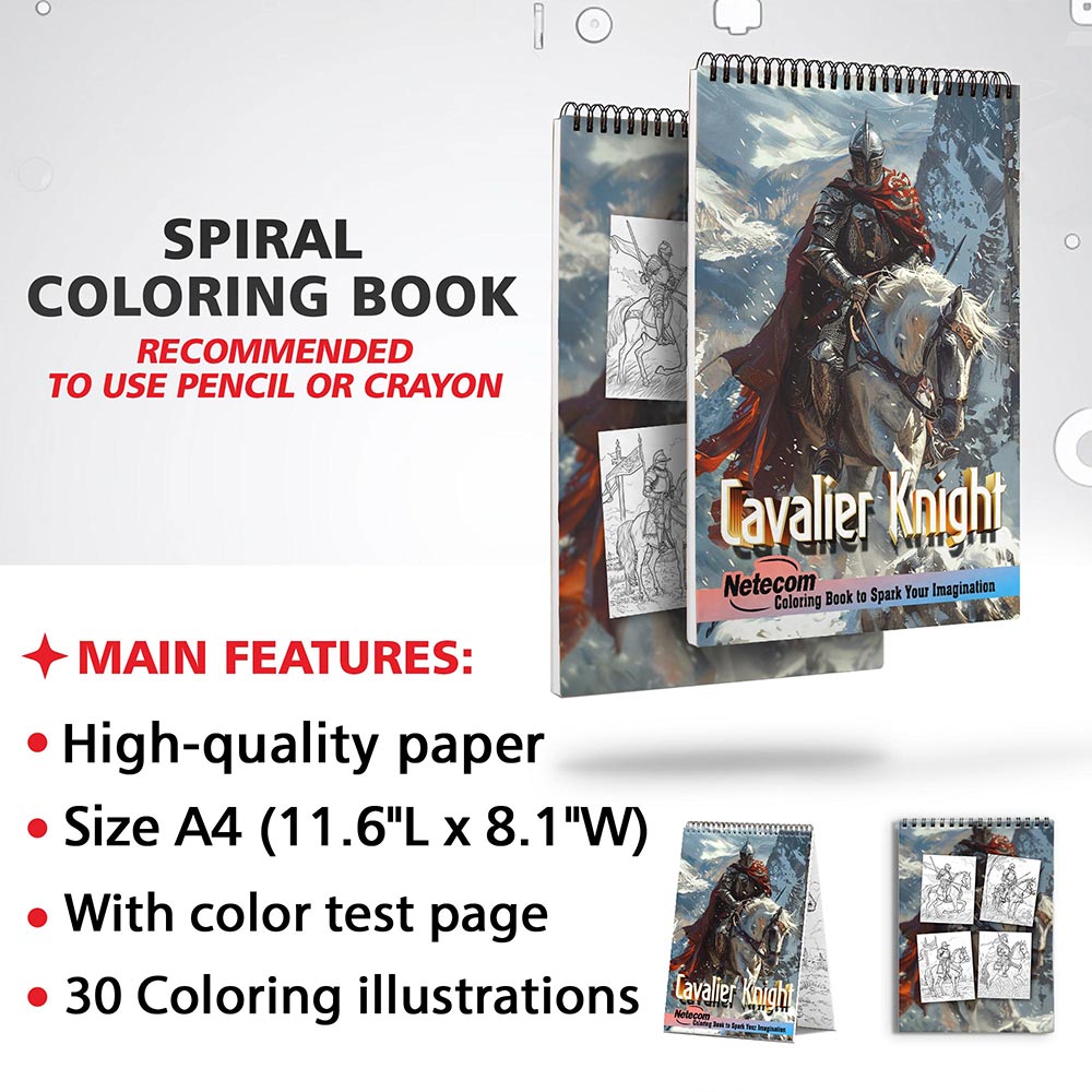 Netecom Cavalier Knight Coloring Book for Adults, Spiral Bound, Soft Cover