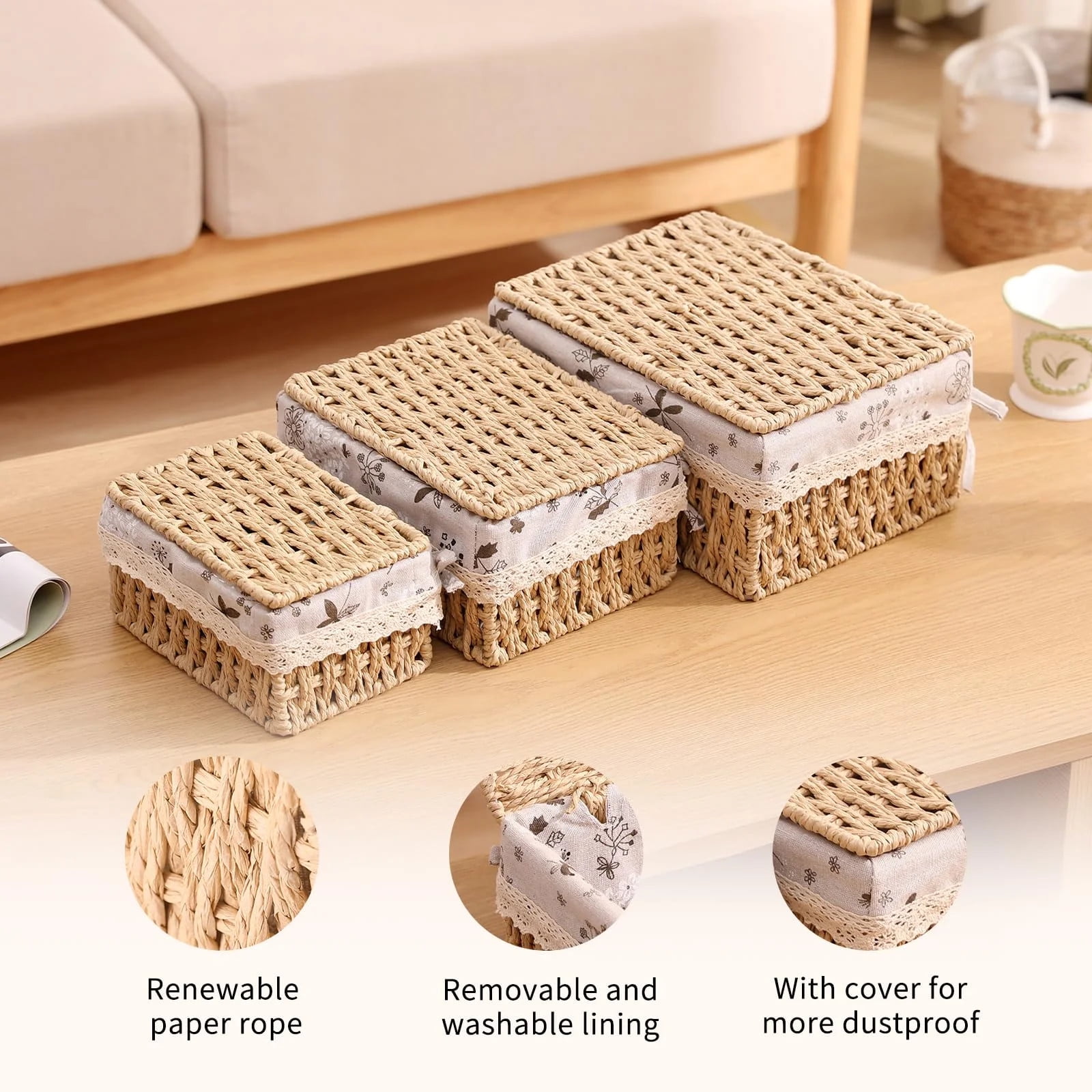 TEAFIRST Set of 3 Wicker Baskets for Storage, Organization Storage Bins with Lid for Bedroom