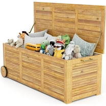 HAPPYGRILL Outdoor Storage Box with Wheels, 48 Gallon Acacia Wooden Patio Storage Deck Box with 2 Wheels, 1 Handle, Water-resistant Inner Bag, Garden Organizer Box