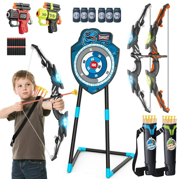 LED Standing Target Archery Set with Bow & Arrows for Kids 4-12 Years Old, Outdoor Sports Toy Boys & Girls (Blue/Green)