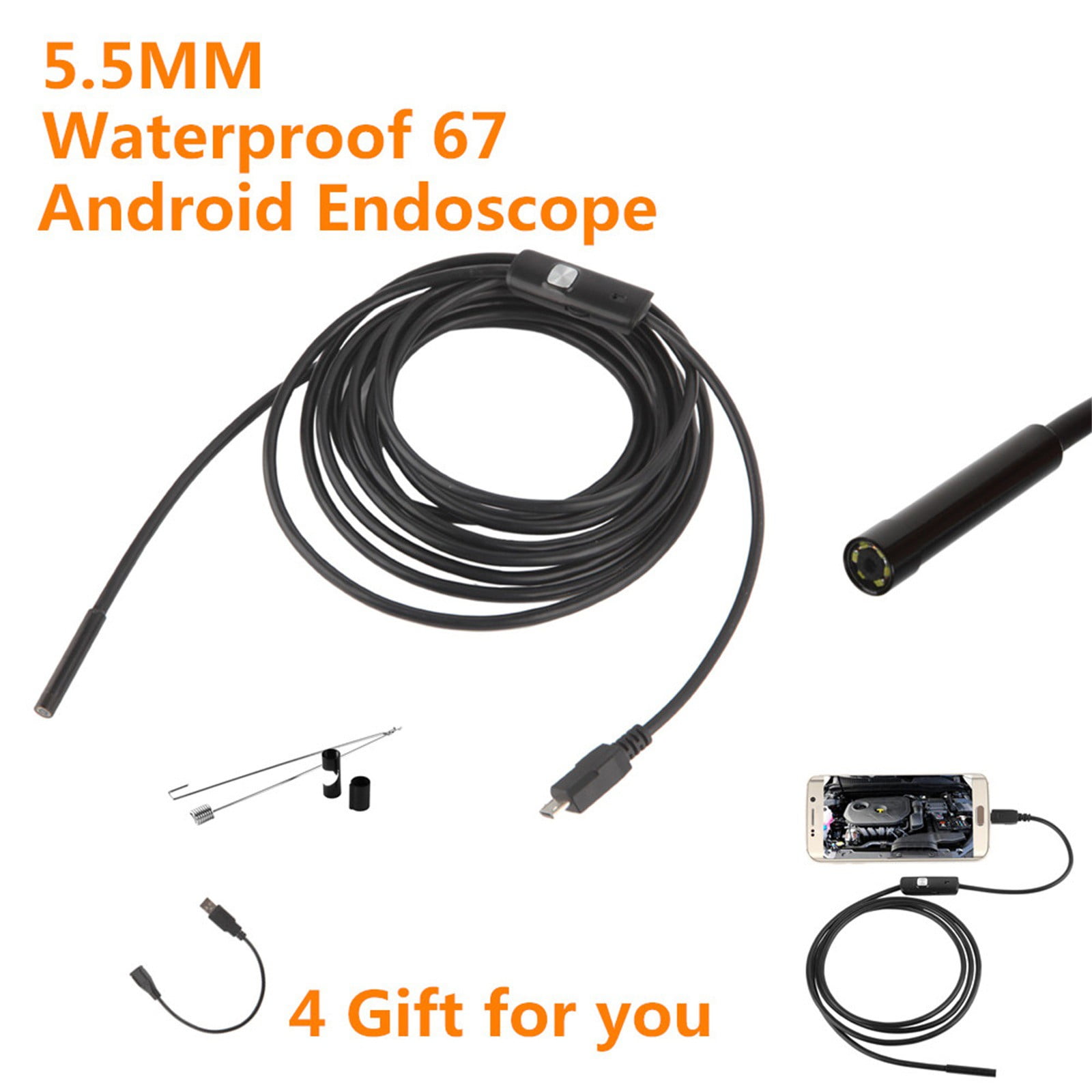 5M 2.4" USB Endoskop 5.5mm 720P HD Industrielle Inspektionskamera IP67 mit 6 LED