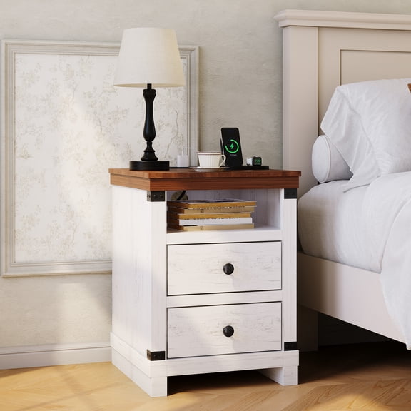 18" Farmhouse Nightstand with Charging Station Set of 2, Modern Bedside Table with 2 Drawers for Bedroom and Living Room