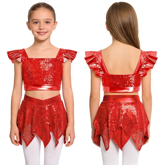iiniim Girls Shiny Skirt And Top Set Ballroom Dancewear 2 Piece Dance Outfit for Cha-cha Performance Red 6