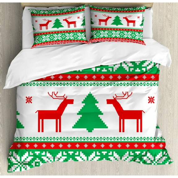 Christmas Duvet Cover Set King Size, Knit Graphic Reindeer Figure Star and Snowflake Holiday Family Theme, Decorative 3 Piece Bedding Set with 2 Pillow Shams, Vermilion Green White, by Ambesonne
