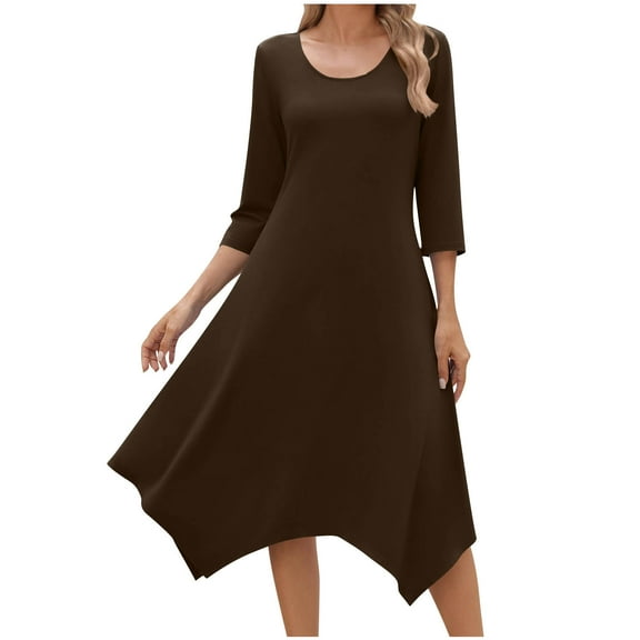 3/4 Length Sleeve Casual Dress for Women Round Neck Solid Color A Line Flowy Midi Dress with Handkerchief Hem 2025