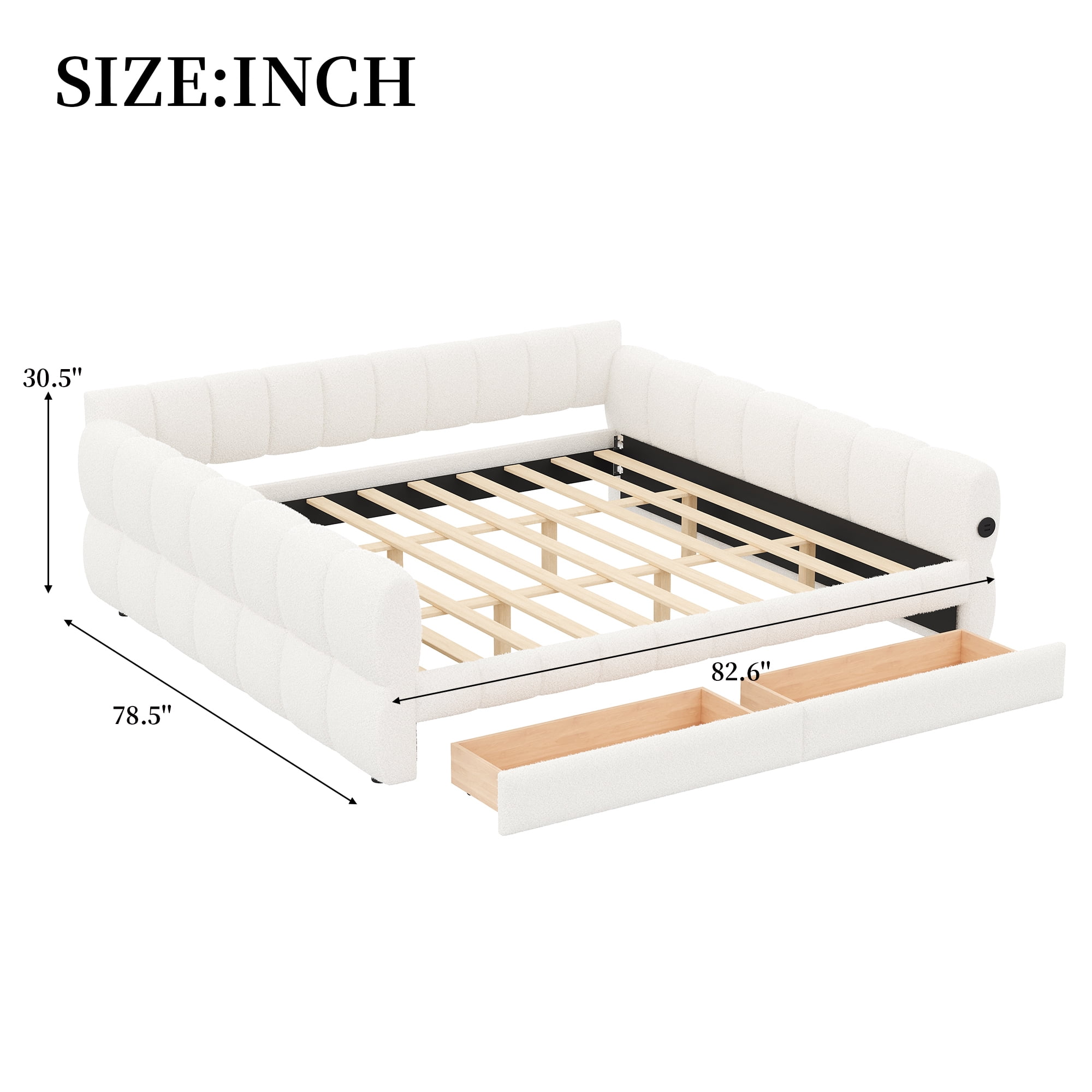 Euroco Upholstered King Size Platform Bed with Drawers and USB Ports, White