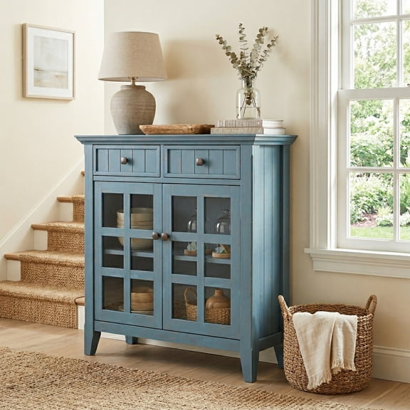 Acadian 36 inch Wide Solid Wood Entryway Storage Cabinet in Distressed Coastal Blue