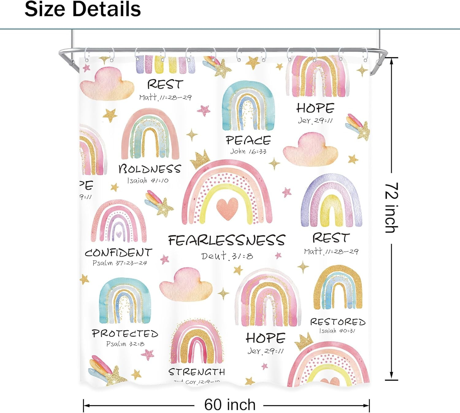 Kids Girl Rainbow Shower Curtain Bible Verse Scripture Boho Inspirational Quote Christian Cute Cartoon Colorful Muted Cloud Bathroom Set 72Wx72L Inch Bath Curtain Bathtub Accessories Home Decor