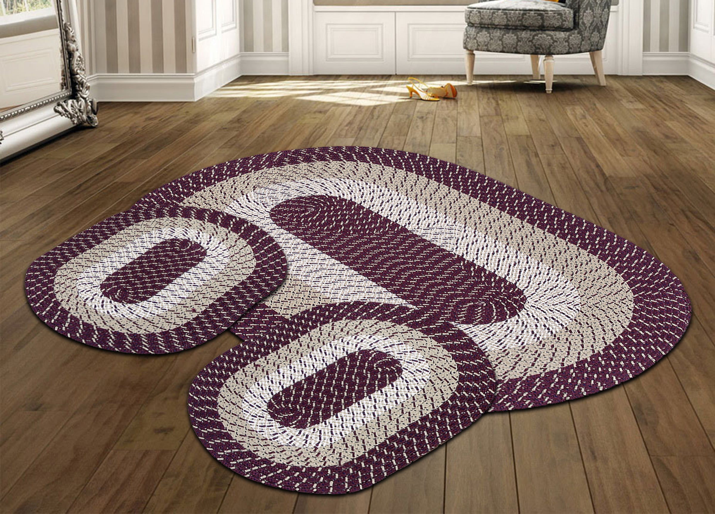 Better Trends Country Braided Rug 3PC Set Burgundy Striped (20" X 30