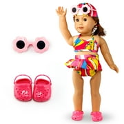 Fits American Girl 18" Swimming Outfit 18 Inch Doll Clothes Costume Set Pink Swimming suit Sunglasses Slipper