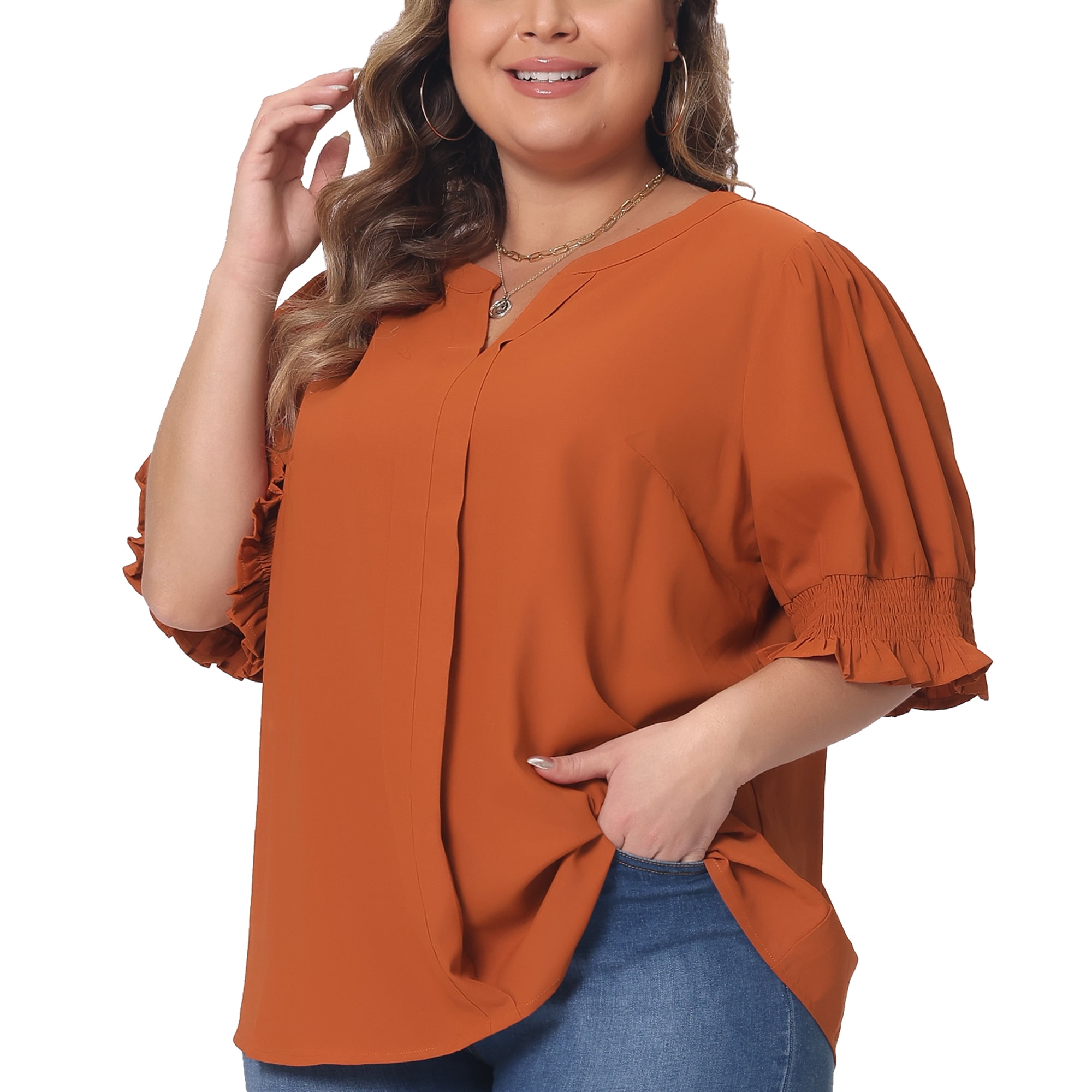 DARING DIVA Women's Plus Top Notched V Neck Puff Blouse Tops 3X Orange