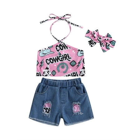 

Jkerther Summer Toddler Baby Girls Denim Outfits Graphic Vest Jeans Shorts Set with Headband 3Pcs Cowgirl Fashion Clothes