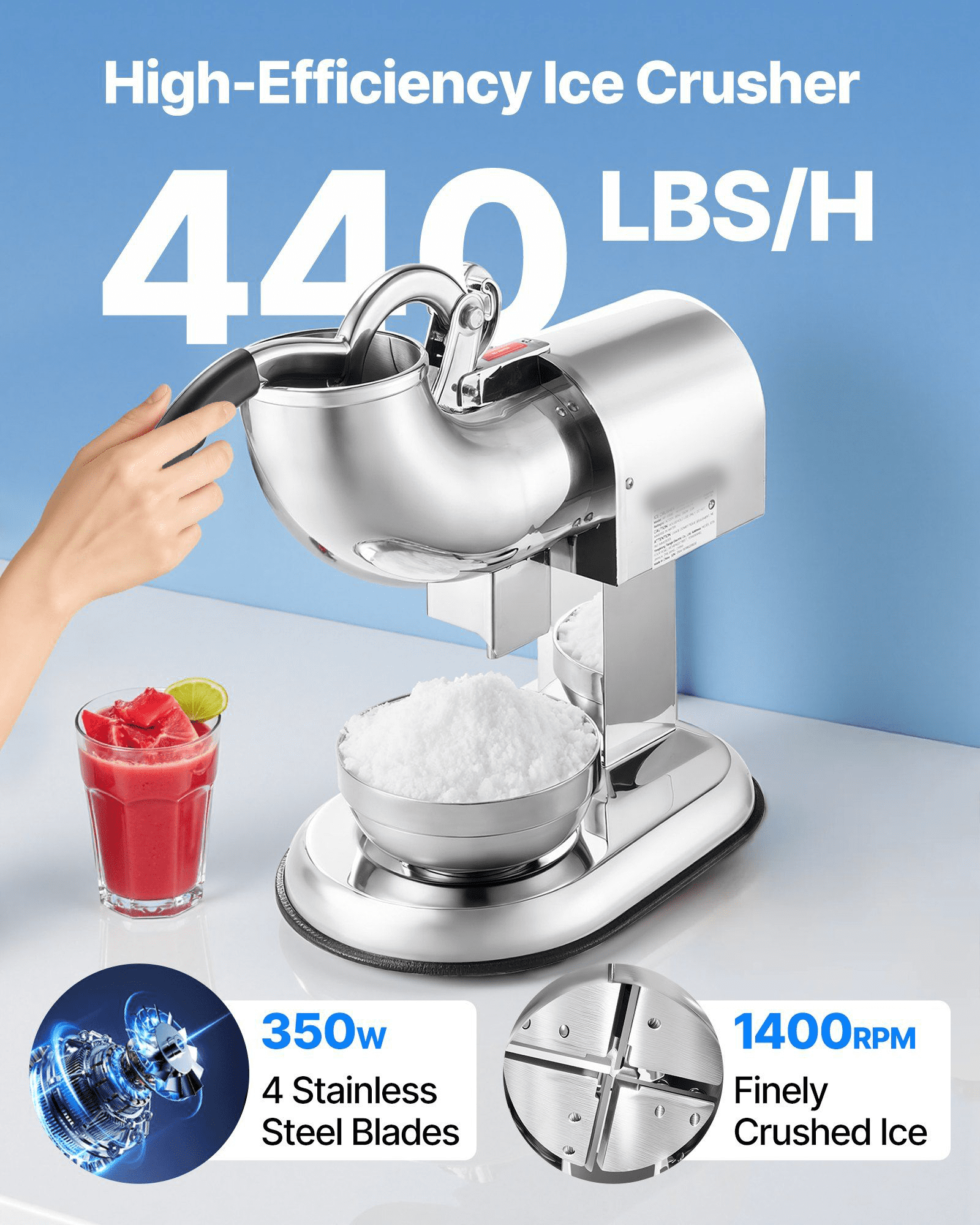 Electric Snow Cone Maker - 440LBS/H Commercial Ice Crusher - Stainless Steel Shaved Ice Machine with Large Capacity - For Home, Events, Concessions