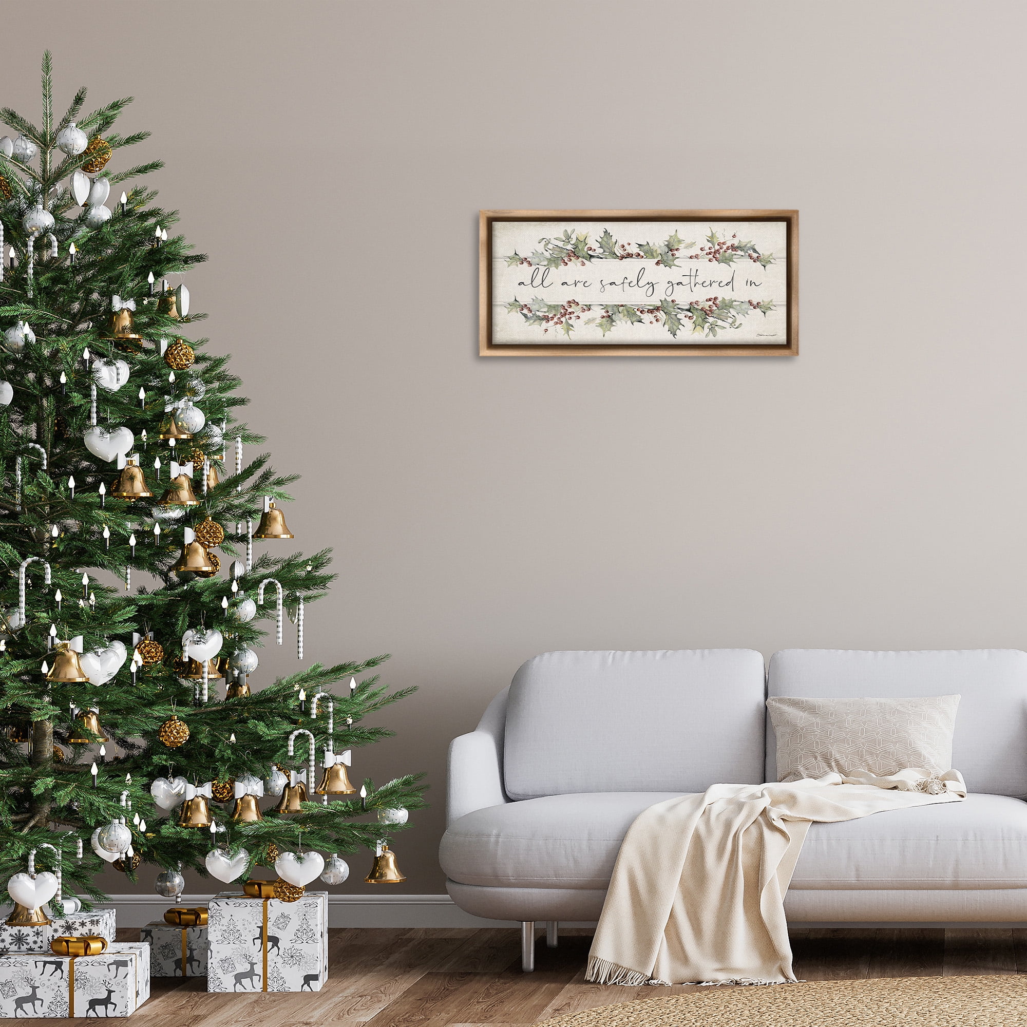 Stupell Industries All Safely Gathered Phrase Holiday Painting Brown Floater Framed Canvas Art Print Wall Art, 31 x 14